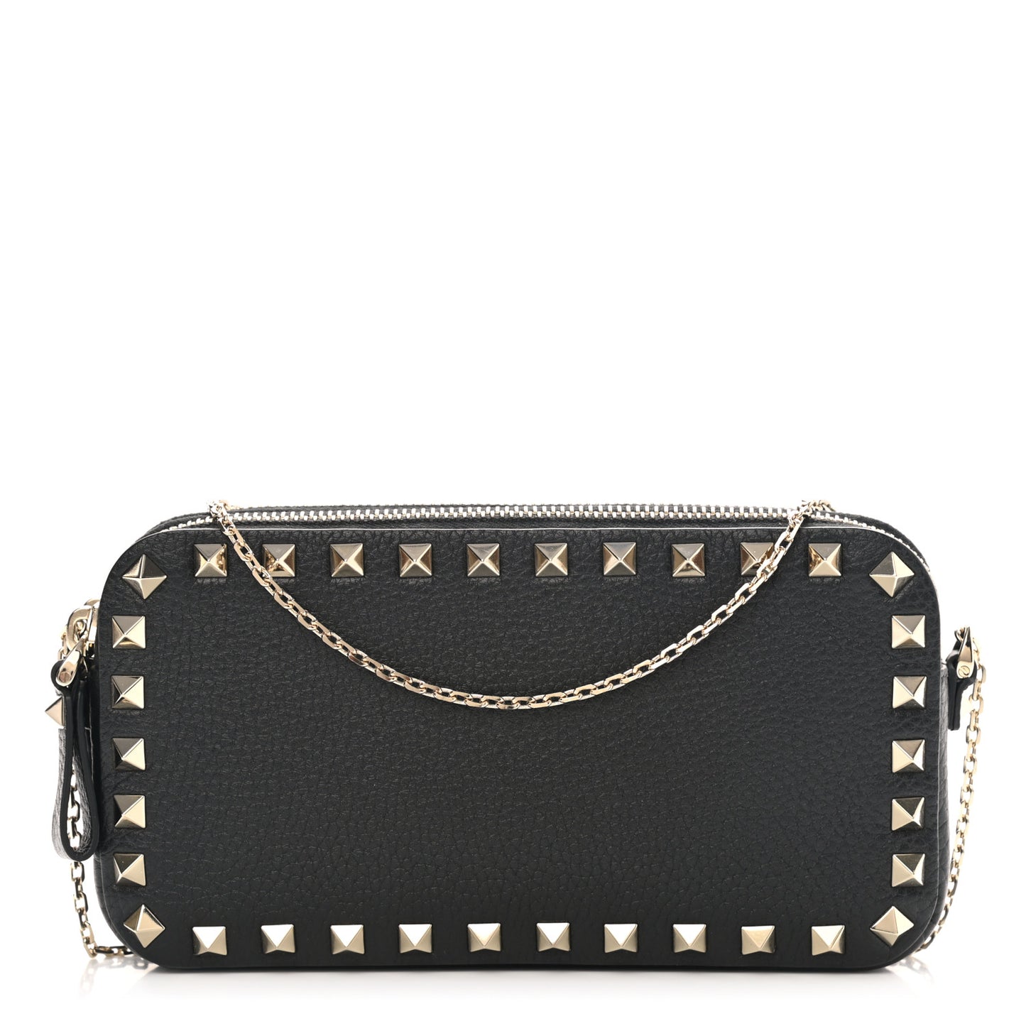 Pebbled Calfskin Rockstud Chain Pouch Shoulder Bag Black