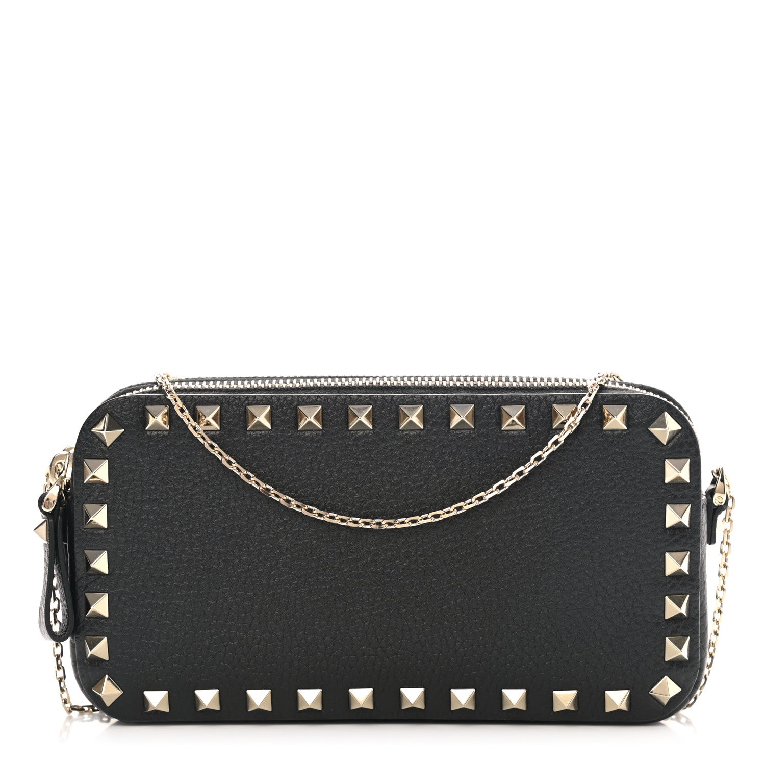 Valentino Garavani Pebbled Calfskin Rockstud Chain Pouch Shoulder Bag Black 1 of 10