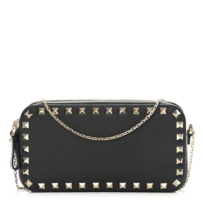 Valentino Garavani Pebbled Calfskin Rockstud Chain Pouch Shoulder Bag Black 1 of 10