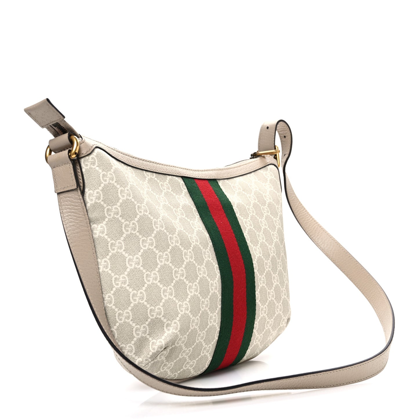 GG Supreme Monogram Textured Dollar Calfskin Web Small Ophidia Half Moon Hobo Beige Mystic White Oatmeal