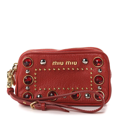 Miu Miu Goatskin Madras Crystal Studded Double Zip Wristlet Rosso 1 of 9