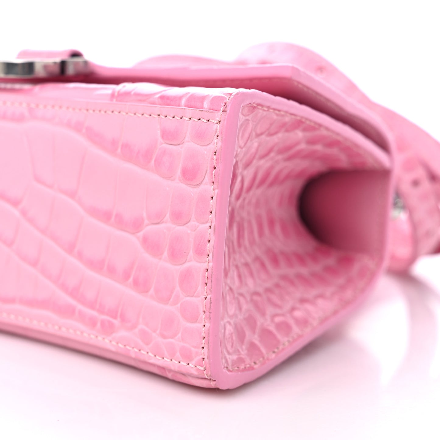 Shiny Calfskin Crocodile Embossed Hourglass Top Handle Bag XS Pink