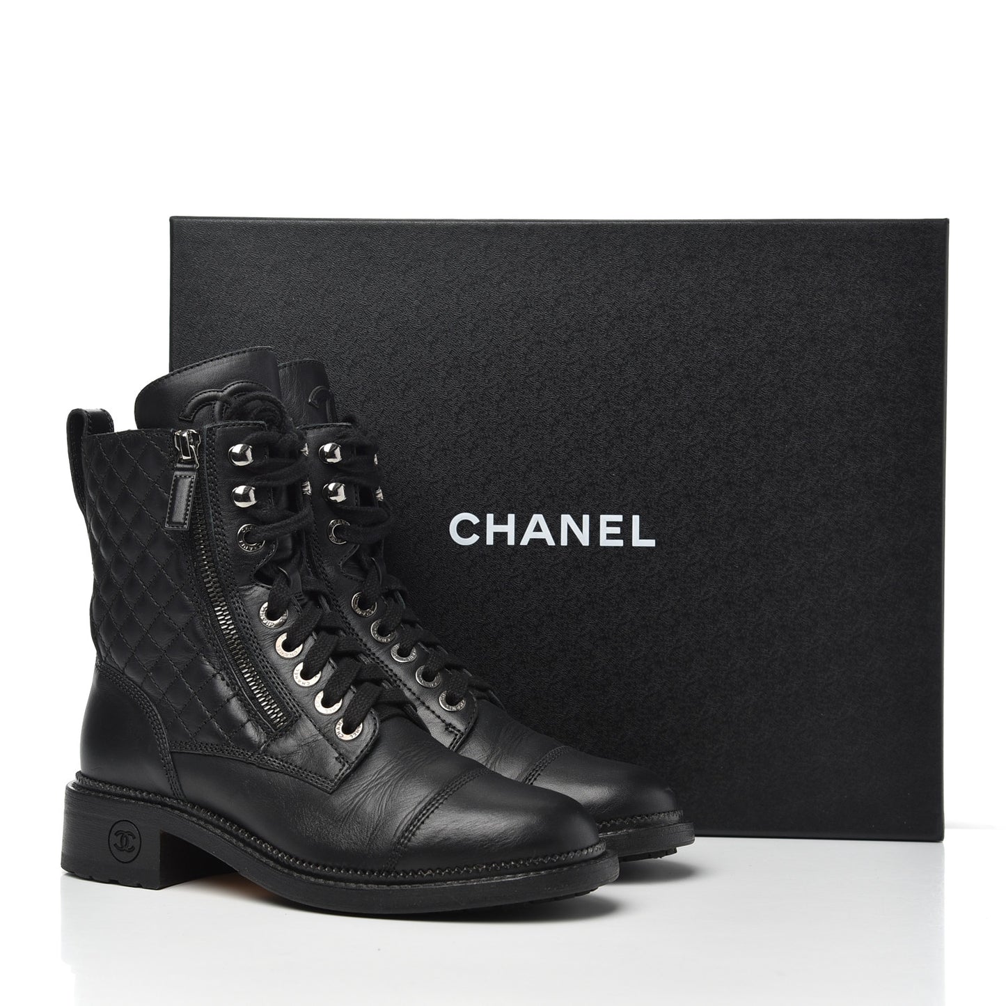 Calfskin Quilted Lace Up Combat Boots 37 Black