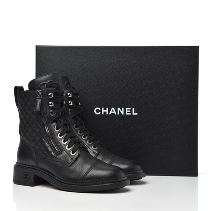 Chanel Calfskin Quilted Lace Up Combat Boots 37 Black 26 of 26