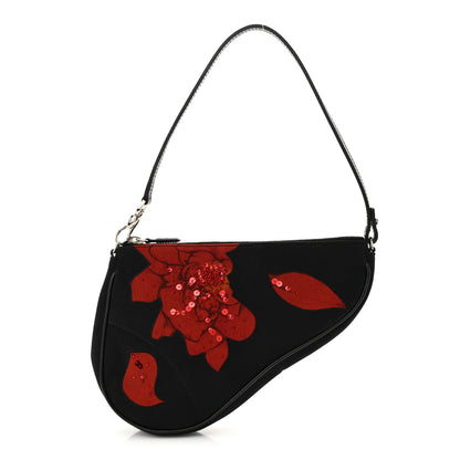 Christian Dior Canvas Stitched Flower Sequins Mini Saddle Pochette Black Red 1 of 11