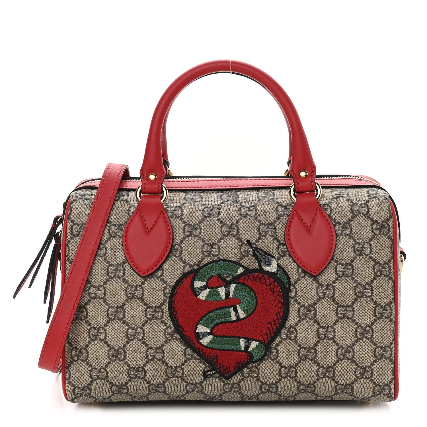Gucci GG Supreme Monogram Kingsnake Heart Embroidered Small Boston Red 1 of 10