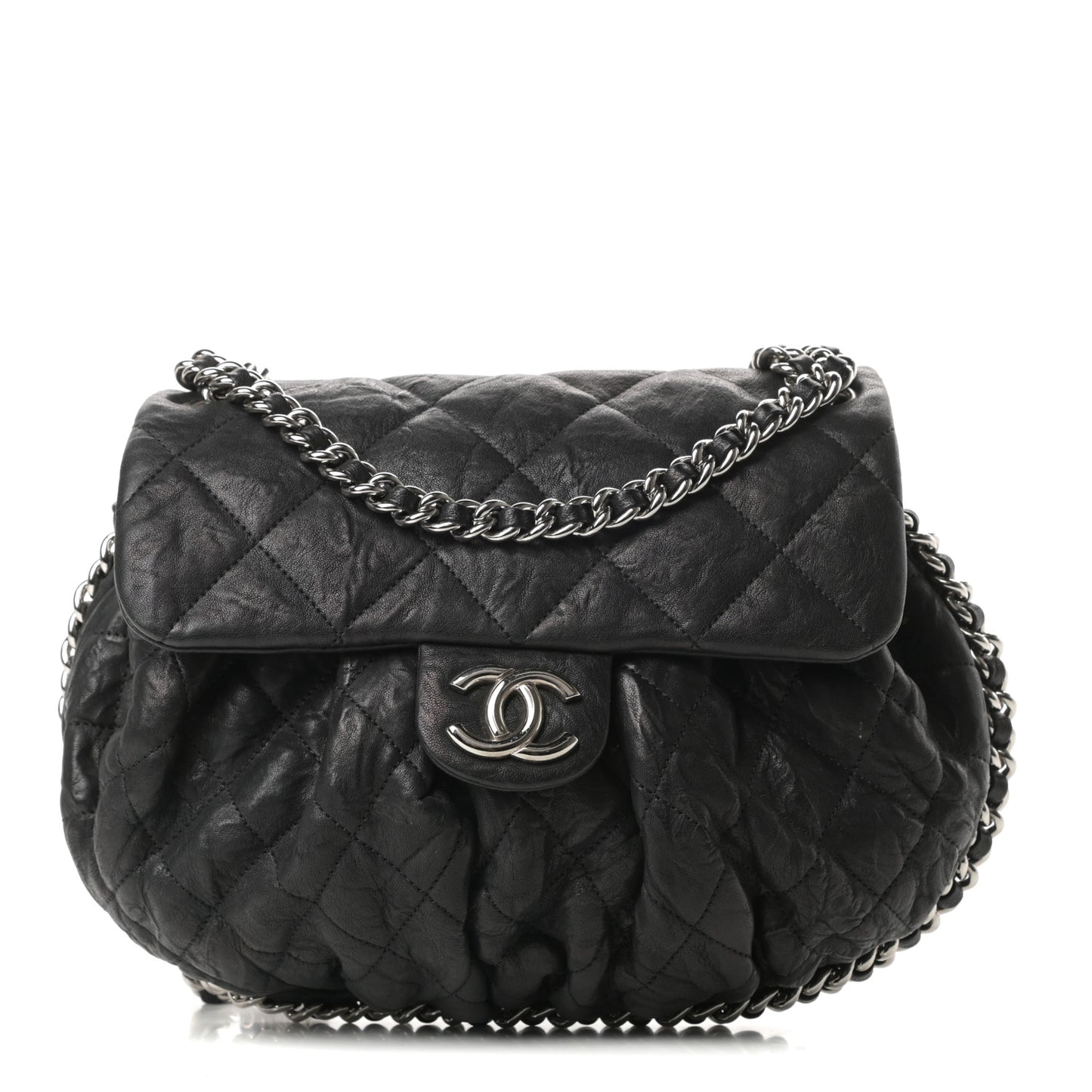 Washed Lambskin Quilted Medium Chain Around Messenger Black