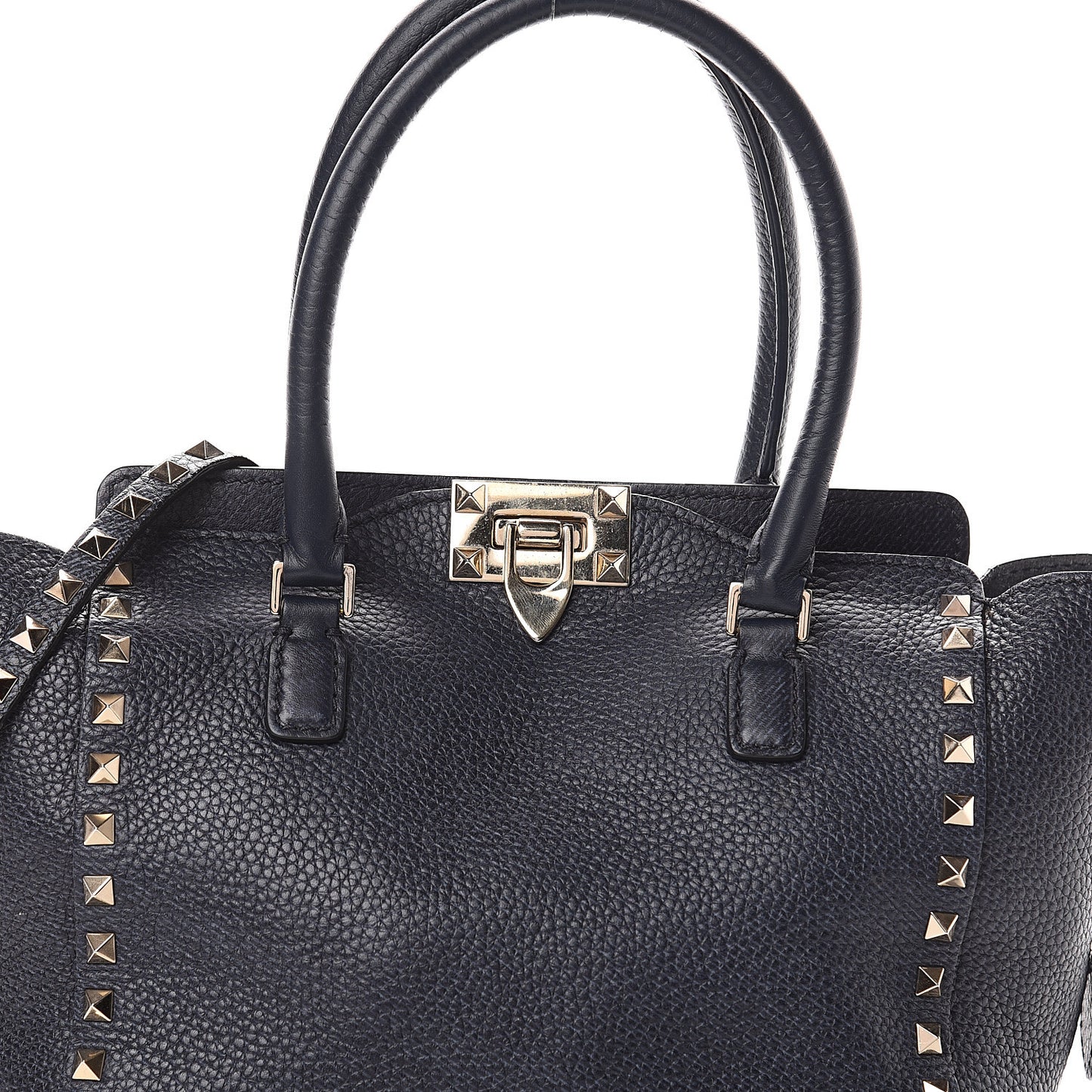 Pebbled Calfskin Small Rockstud Double Handle Tote Deep Denim
