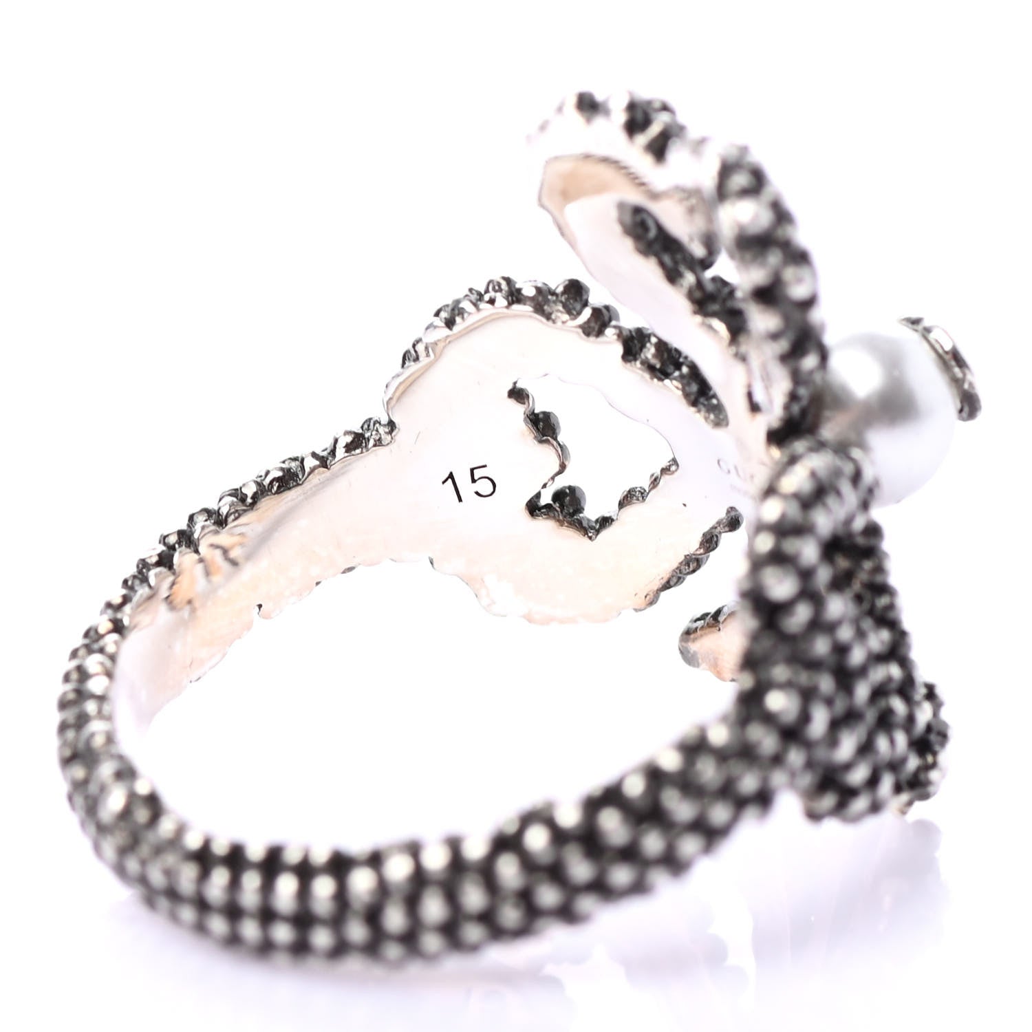 Gucci Sterling Silver Glass Pearl Aureco Clover Ring 55 7.25 Aged Silver 4 of 5