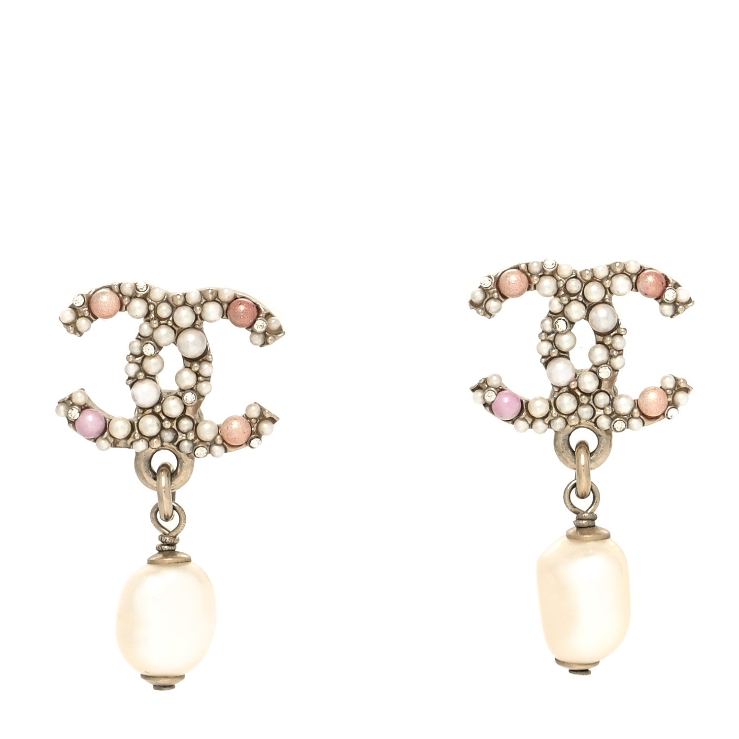 Chanel Pearl Crystal CC Charm Drop Earrings Light Gold Pink 1 of 4