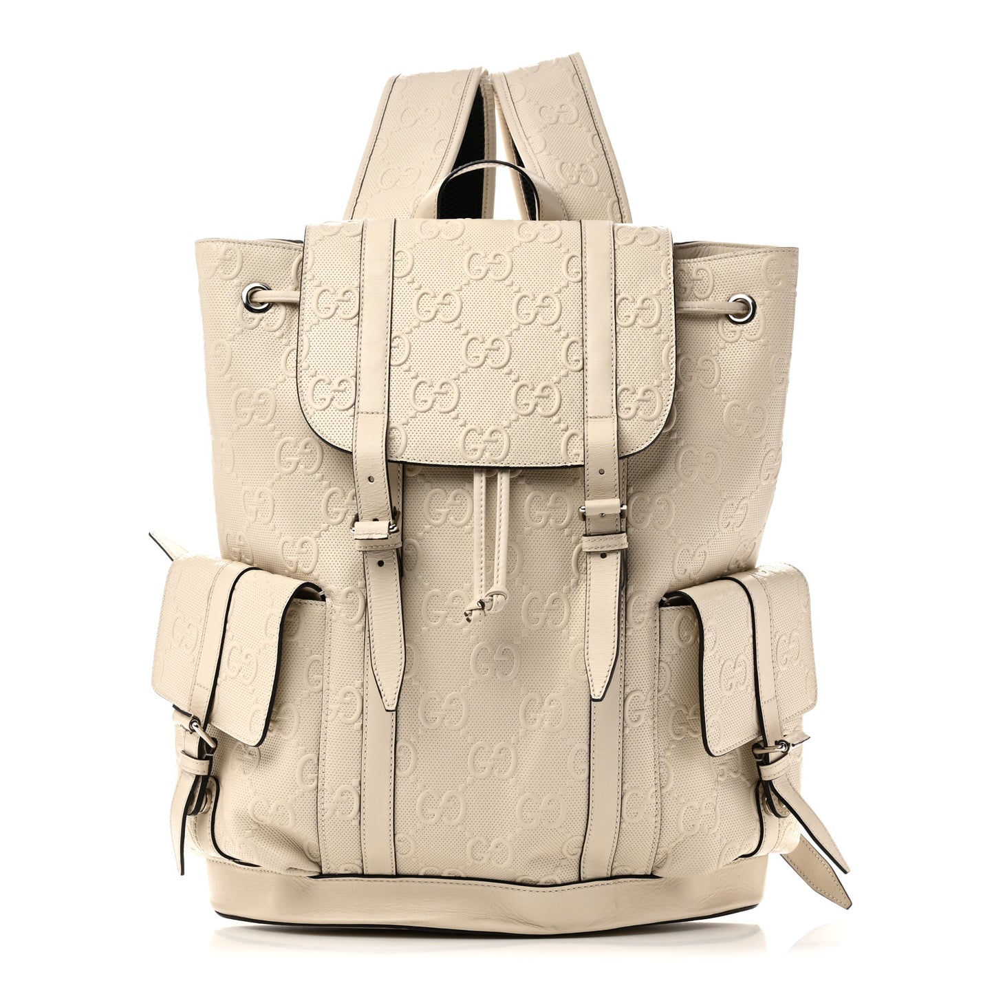 Piuma Calfskin Jumbo GG Embossed Double Buckle Backpack Mystic White