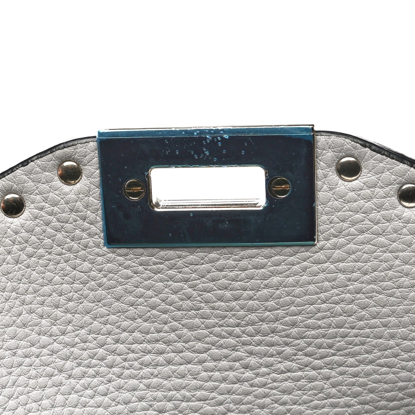 Pebbled Calfskin Medium Rockstud Flap Saddle Bag Pastel Grey
