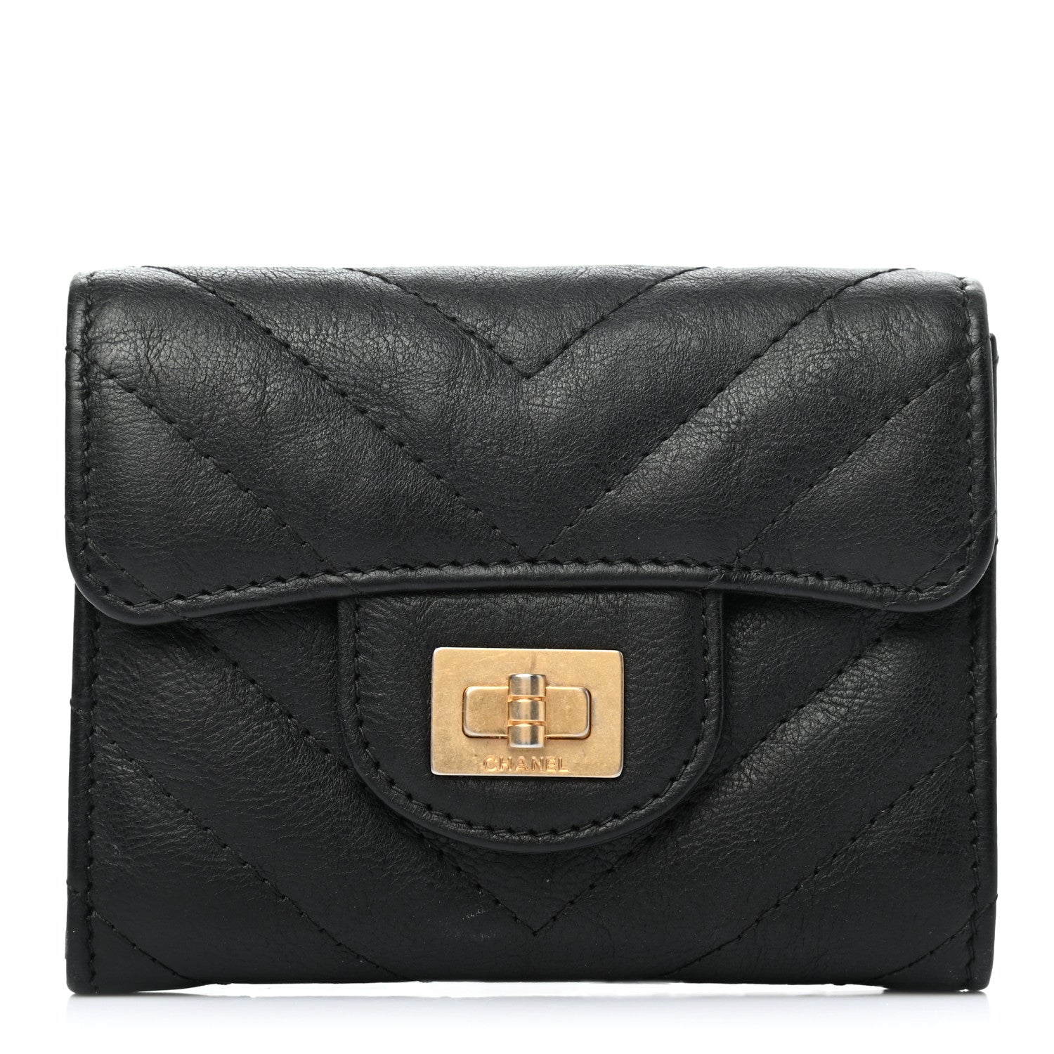 Chanel Sheepskin Chevron Quilted Reissue Card Holder Wallet Black 1 of 7
