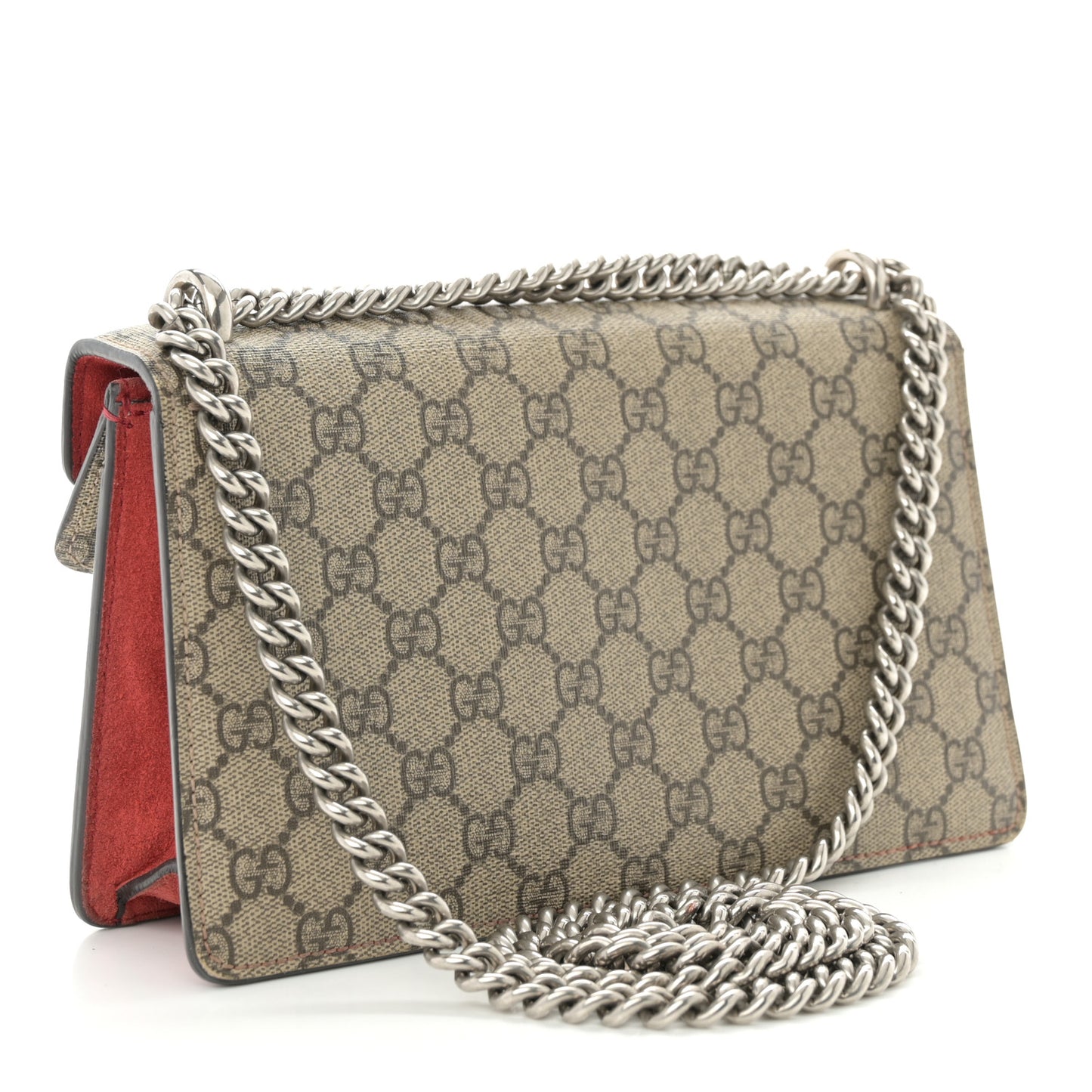 GG Supreme Monogram Suede Crystal Small Dionysus Shoulder Bag Beige Ebony Vulcanic Red