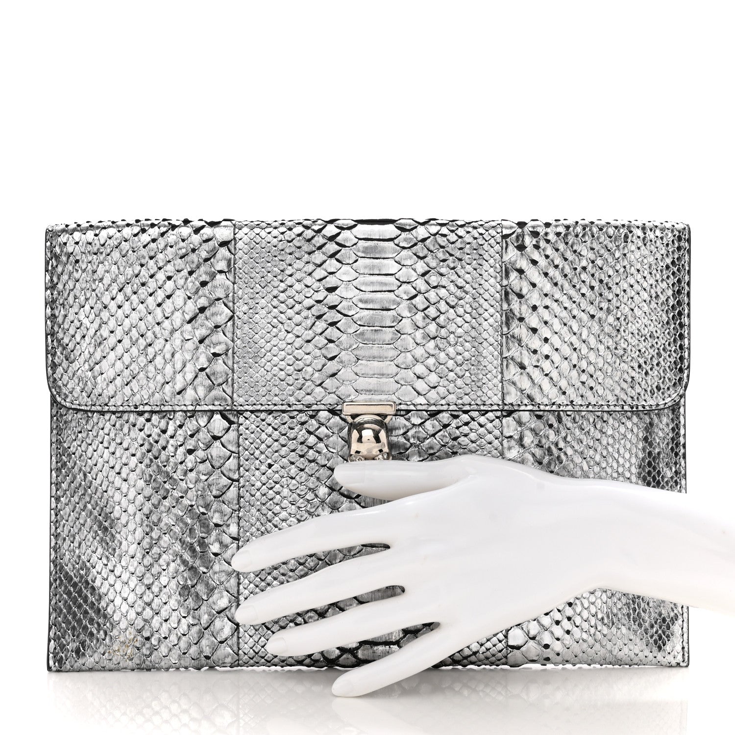 Alexander McQueen Metallic Snakeskin Skull Envelope Clutch Silver 2 of 10