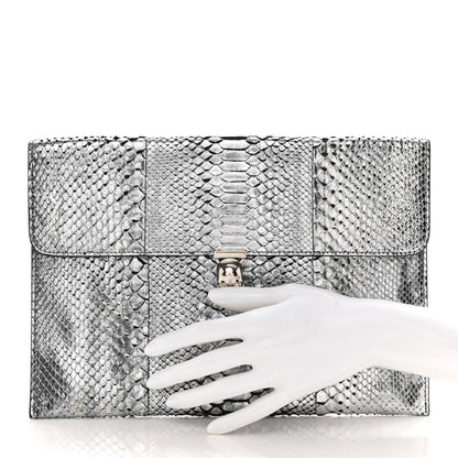 Alexander McQueen Metallic Snakeskin Skull Envelope Clutch Silver 2 of 10
