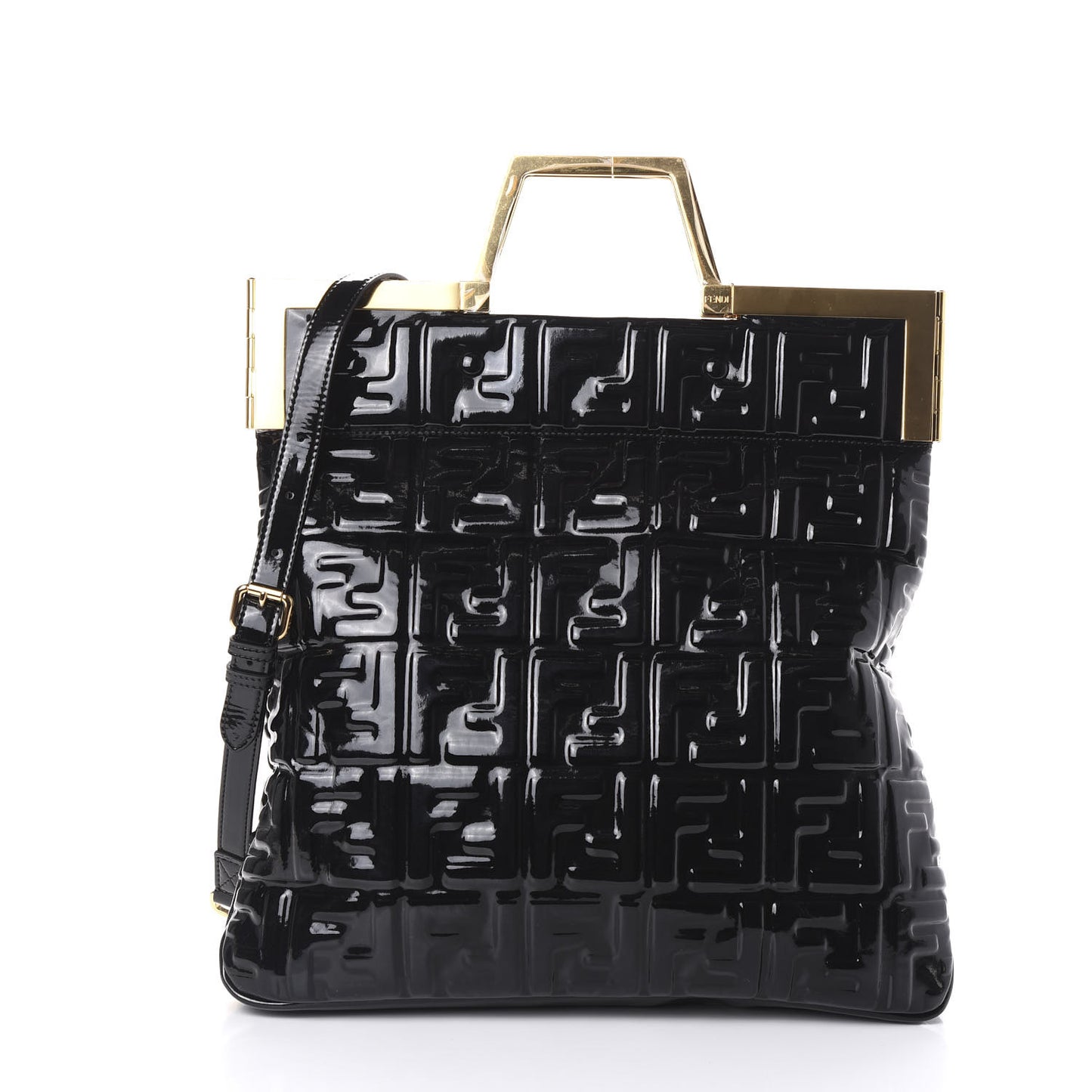 Patent FF 1974 Embossed Medium Shopping Flap Bag Black