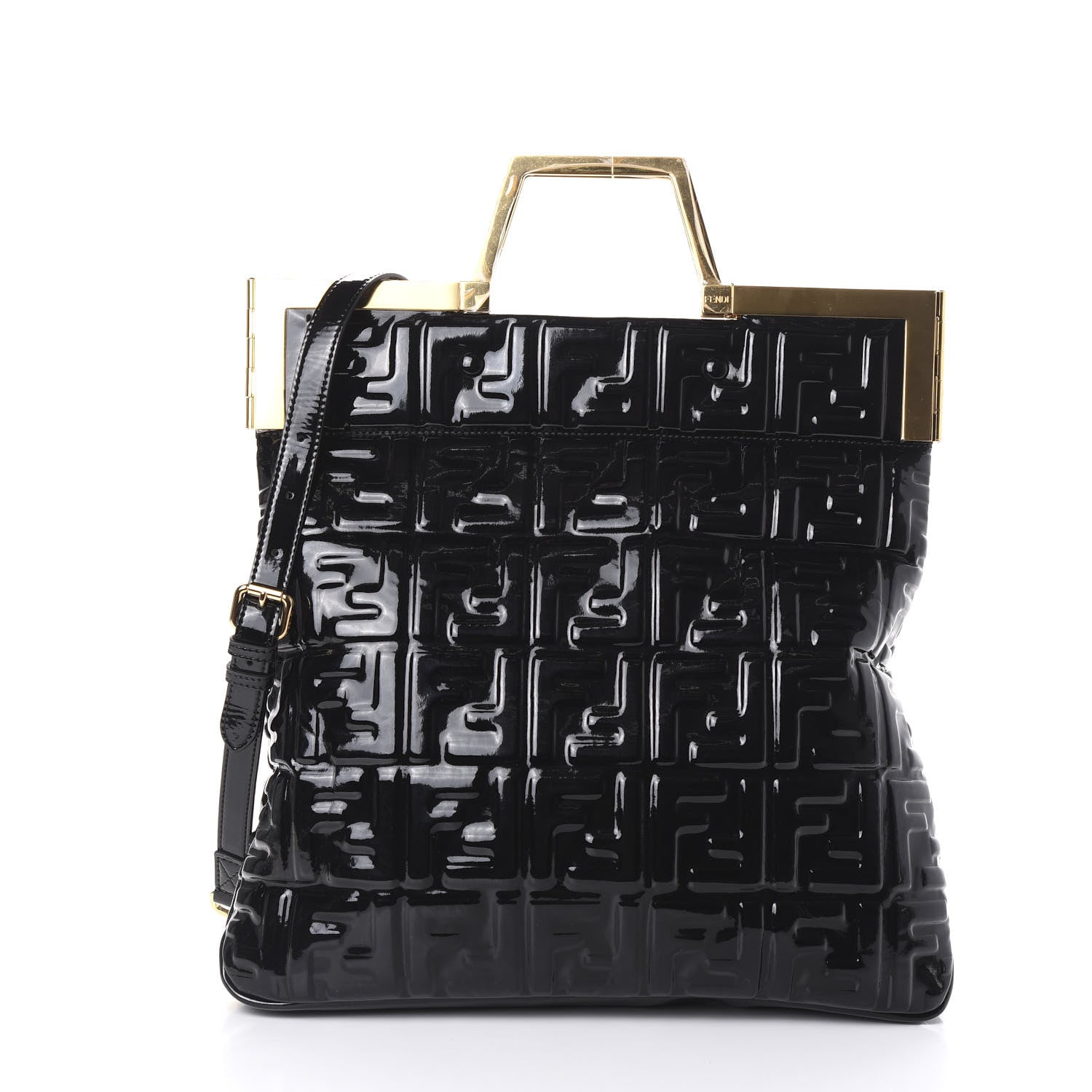 Fendi Patent FF 1974 Embossed Medium Shopping Flap Bag Black 2 of 9