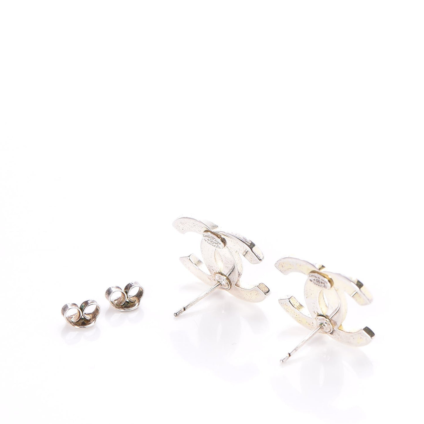 Metal CC Engraved Stud Earrings Silver