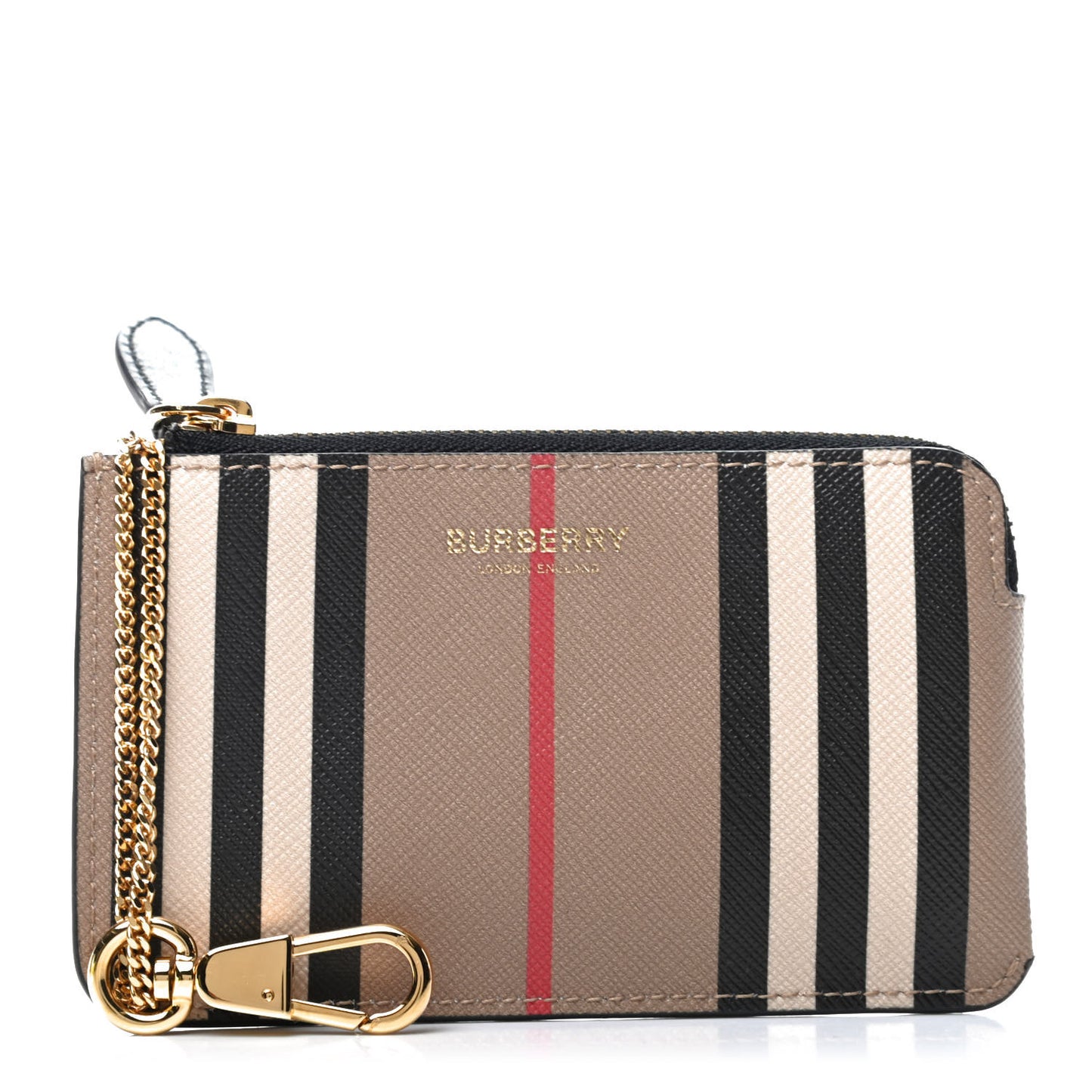 E-Canvas Calfskin Icon Stripe Zip Coin Case Archive Beige