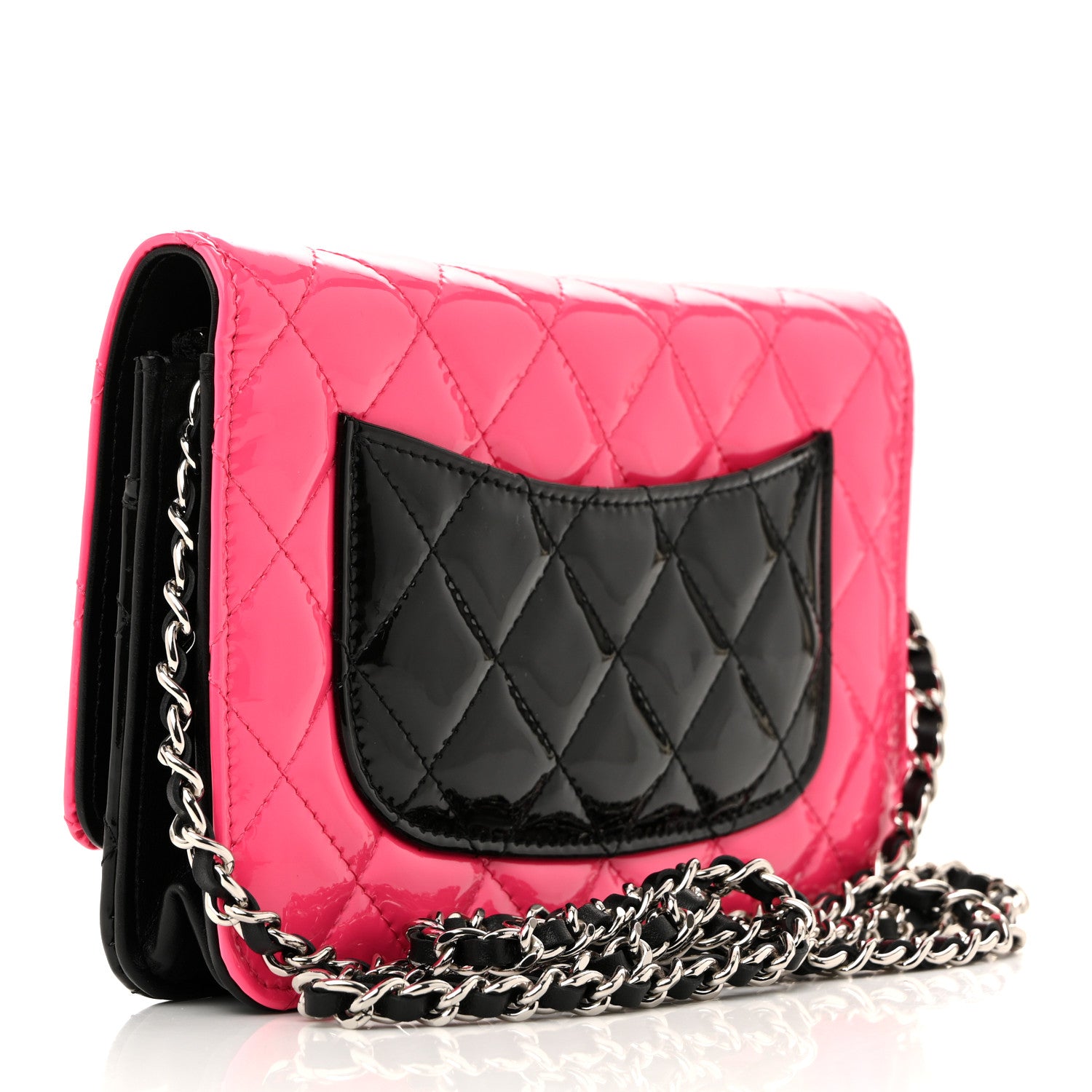 Chanel Patent Quilted Bi-Color Wallet On Chain WOC Pink Black 3 of 11