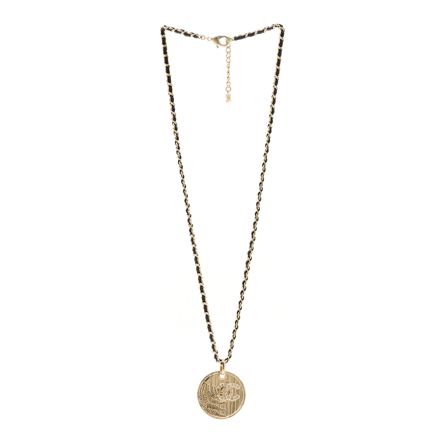 Lambskin Crystal CC Round Pendant Chain Necklace Gold Black
