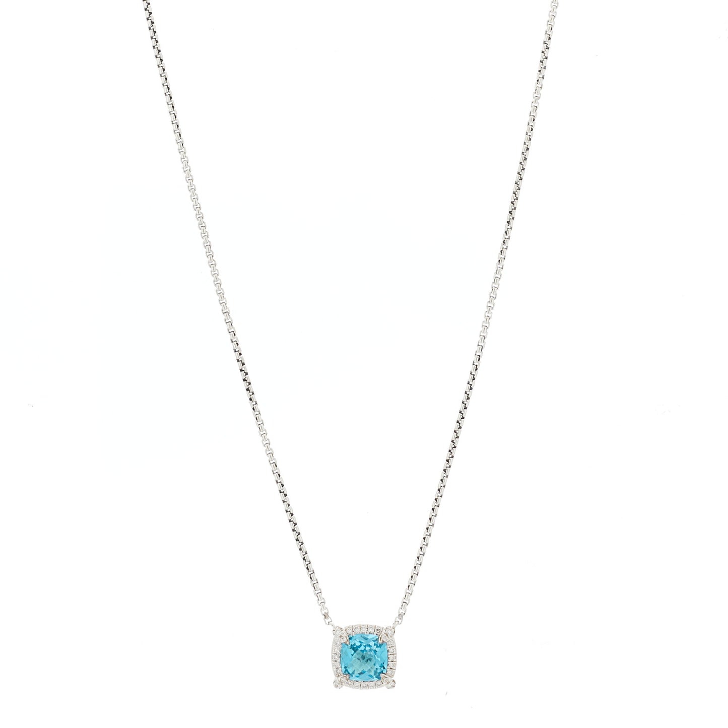 Sterling Silver Diamond Blue Topaz 7mm Petite Chatelaine Pave Bezel Pendant Necklace