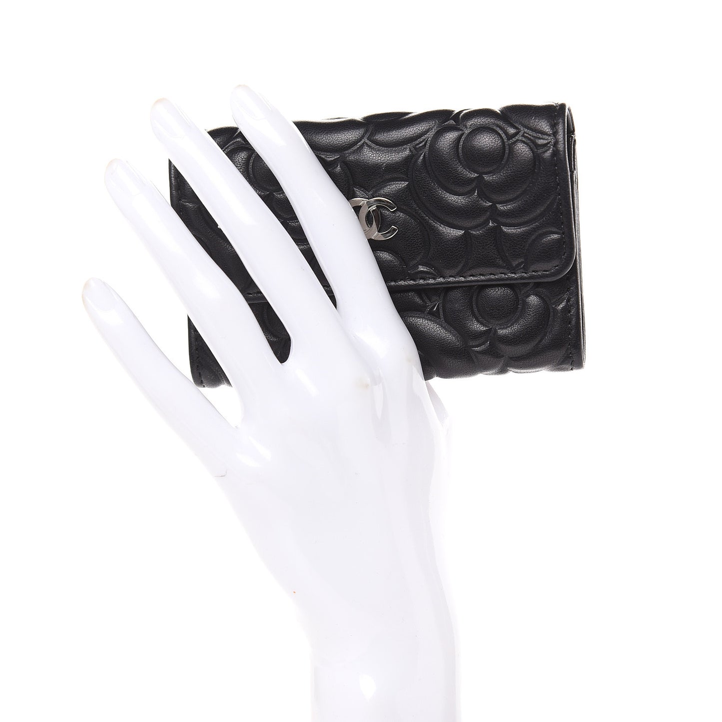 Goatskin Camellia Embossed Flap Card Holder Wallet Black