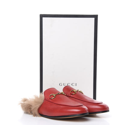Gucci Betis Glamour Calfskin Fur Womens Princetown Slippers 37 Hibiscus Red Naturale 13 of 13