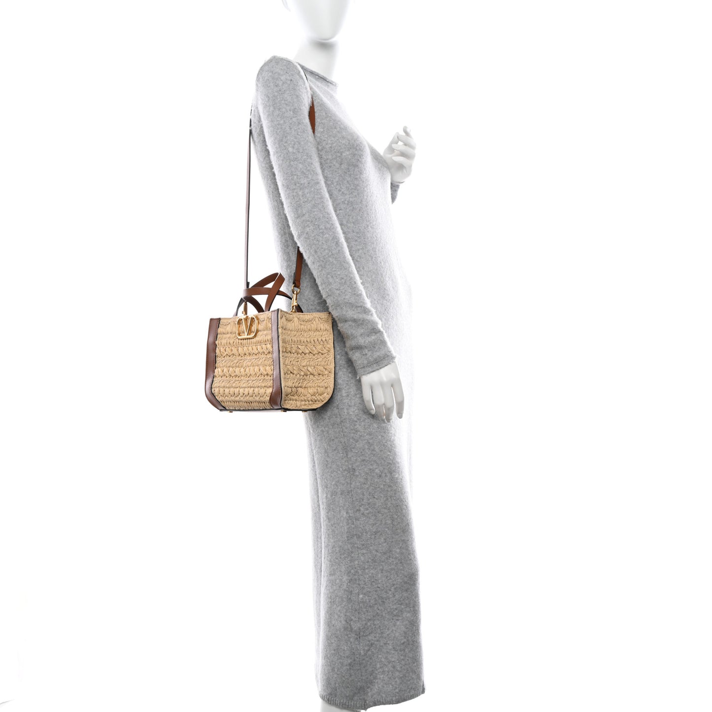 Raffia Calfskin Small Vlogo Signature Tote Natural Saddle Brown