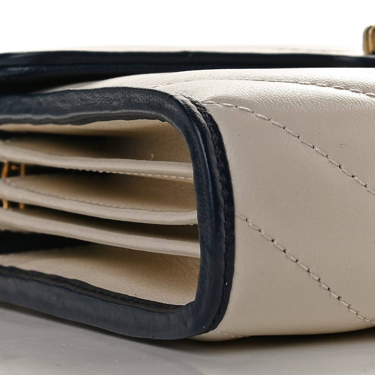 Vintage Effect Calfskin Matelasse Diagonal Torchon GG Marmont Chain Wallet Mystic White Blue Agata