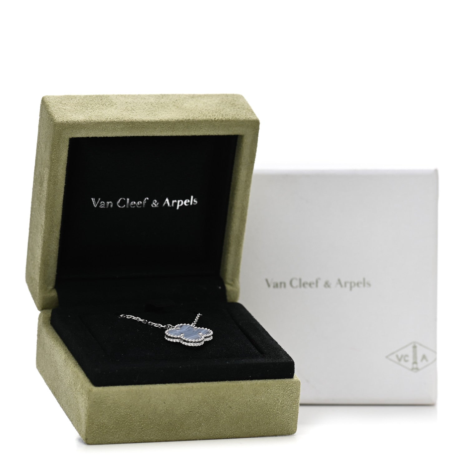 Van Cleef & Arpels 18K White Gold Chalcedony Vintage Alhambra Pendant Necklace 5 of 5