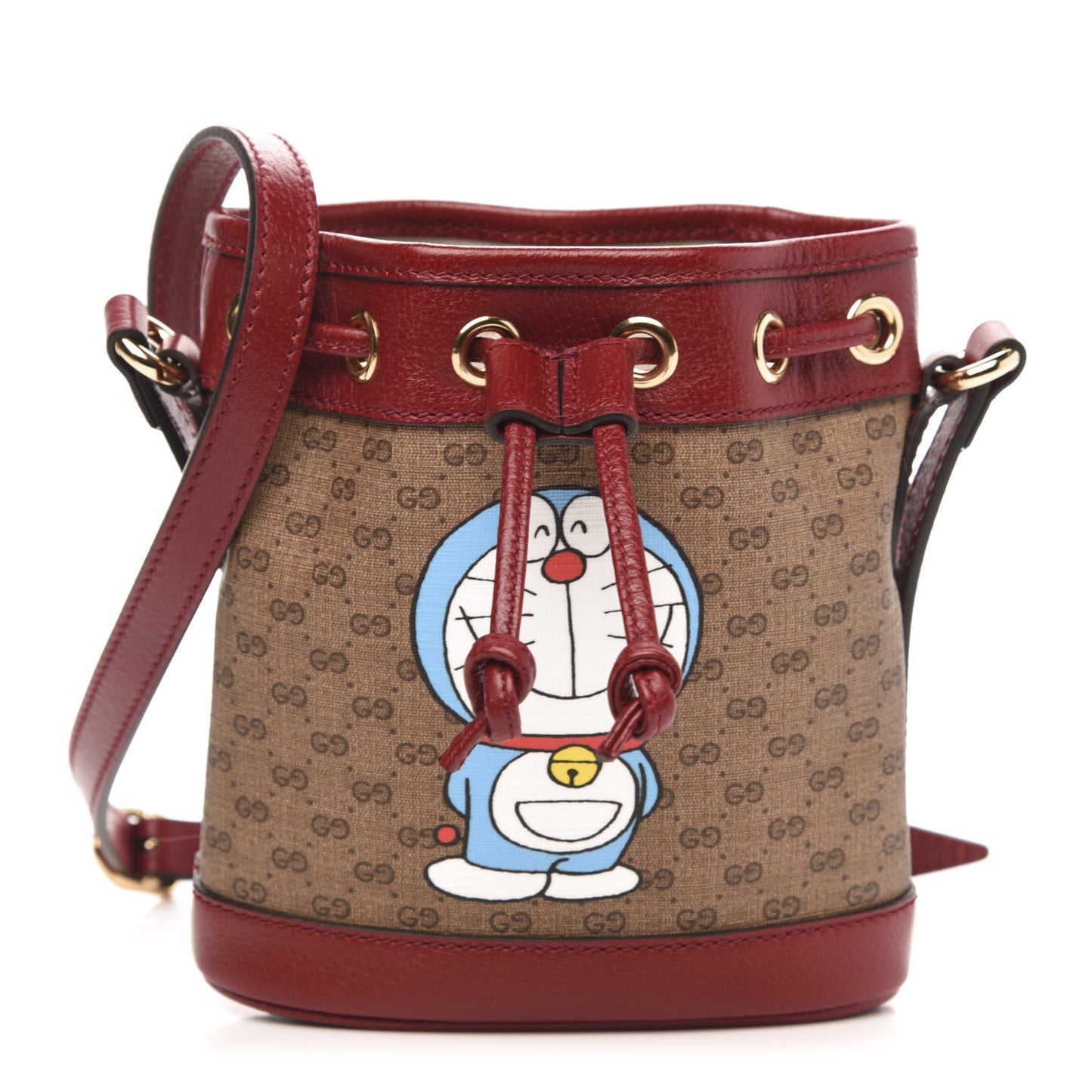X DORAEMON Mini Vintage GG Supreme Monogram Textured Dollar Calfskin Mini Bucket Bag Beige Ebony Multicolor New Cherry Red