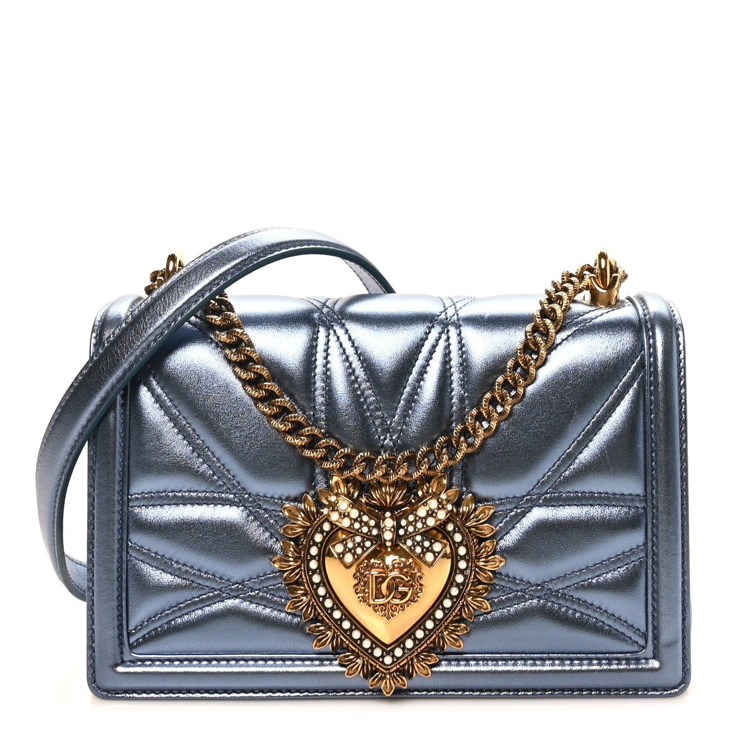 Dolce & Gabbana Metallic Nappa Quilted Medium Devotion Crossbody Bag Blue 1 of 9