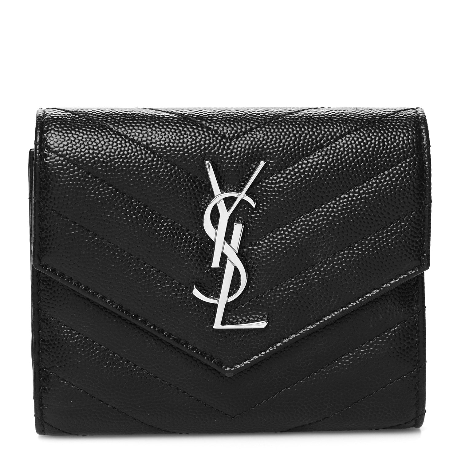 Saint Laurent Grain De Poudre Matelasse Chevron Monogram Compact Tri Fold Wallet Black 1 of 10