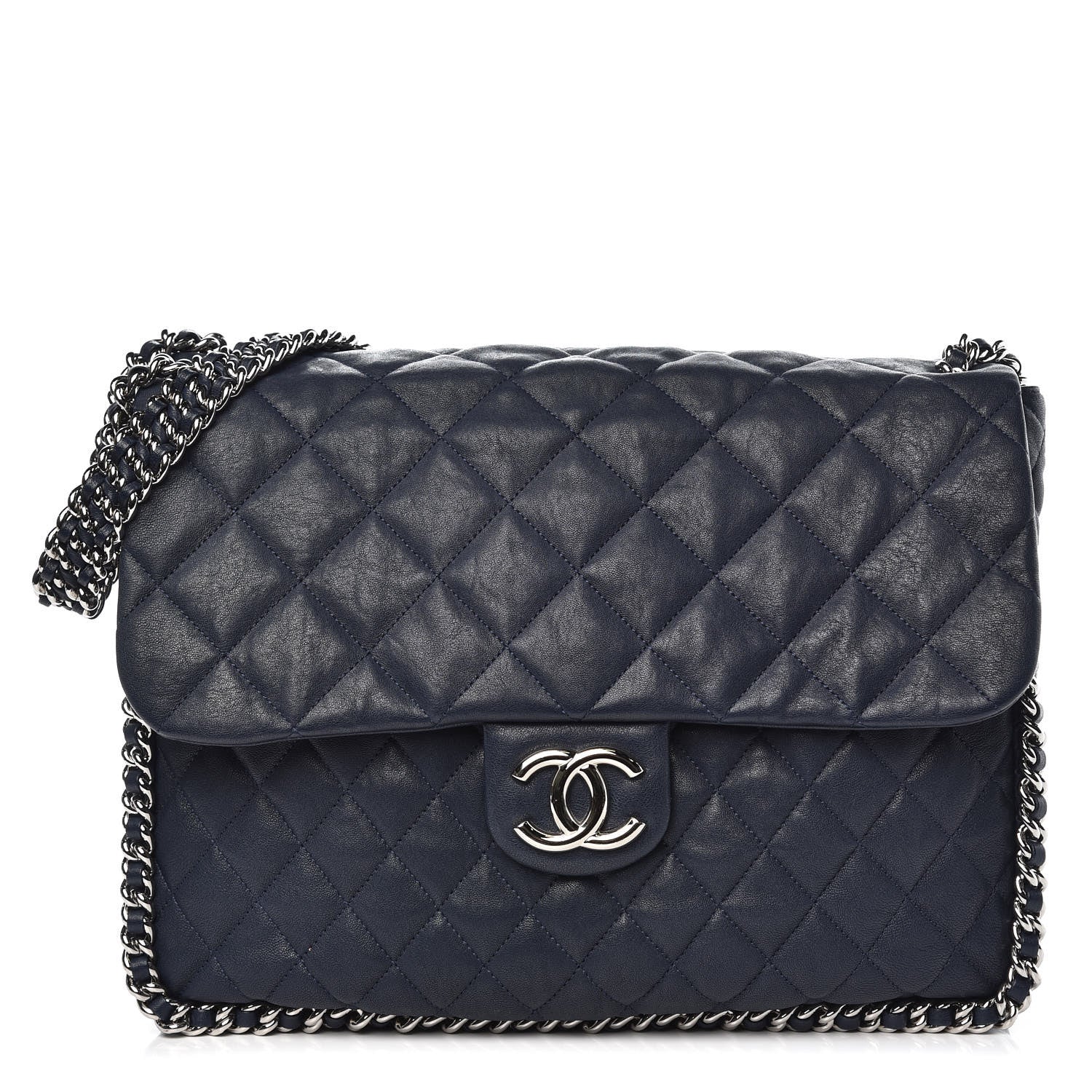 Chanel Washed Lambskin Quilted Chain Around Maxi Flap Dark Navy Blue 1 of 9