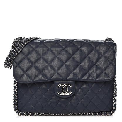 Chanel Washed Lambskin Quilted Chain Around Maxi Flap Dark Navy Blue 1 of 9