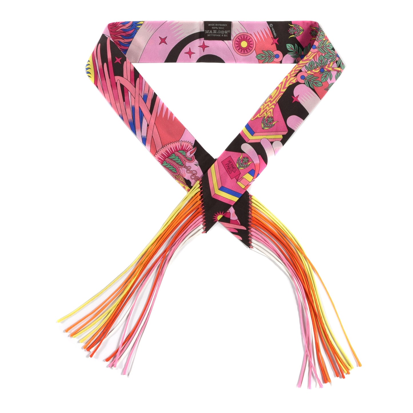 Silk La Source de Pegase Fringed Twilly Ebene Rose Vif Jaune Vif