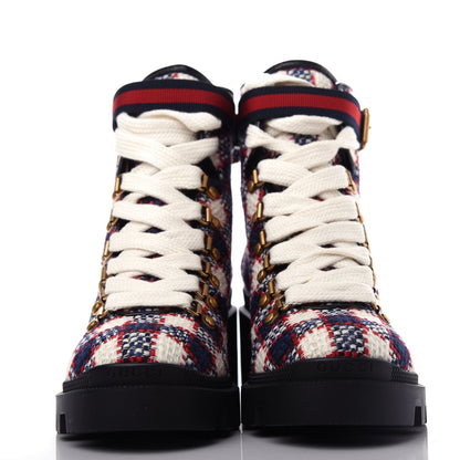 Gucci Vintage Tweed Check Lace Up Combat Ankle Boots 36.5 White Hibiscus Red Marine 2 of 11