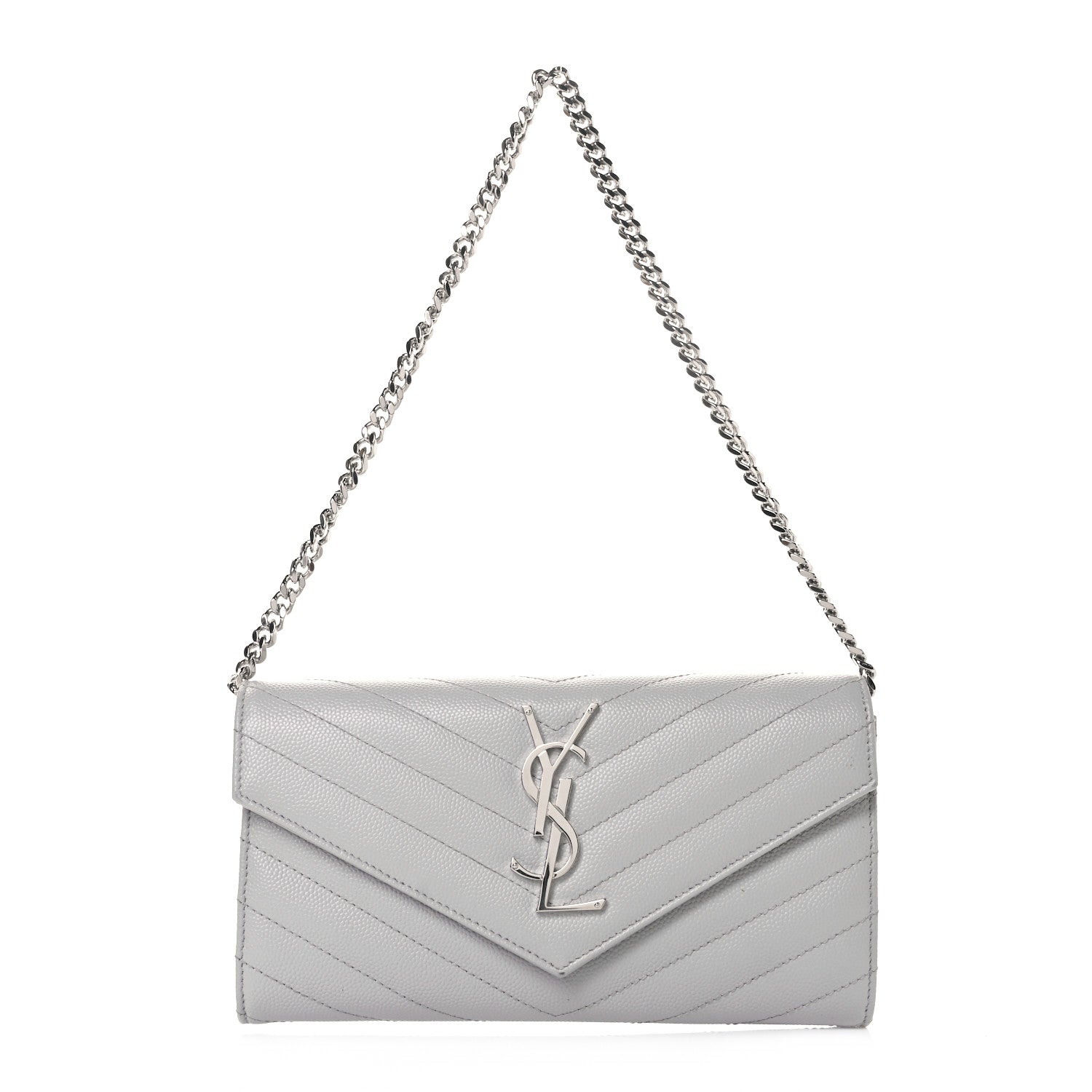 Saint Laurent Grain De Poudre Matelasse Chevron Small Monogram Chain Wallet Light Grey 3 of 36