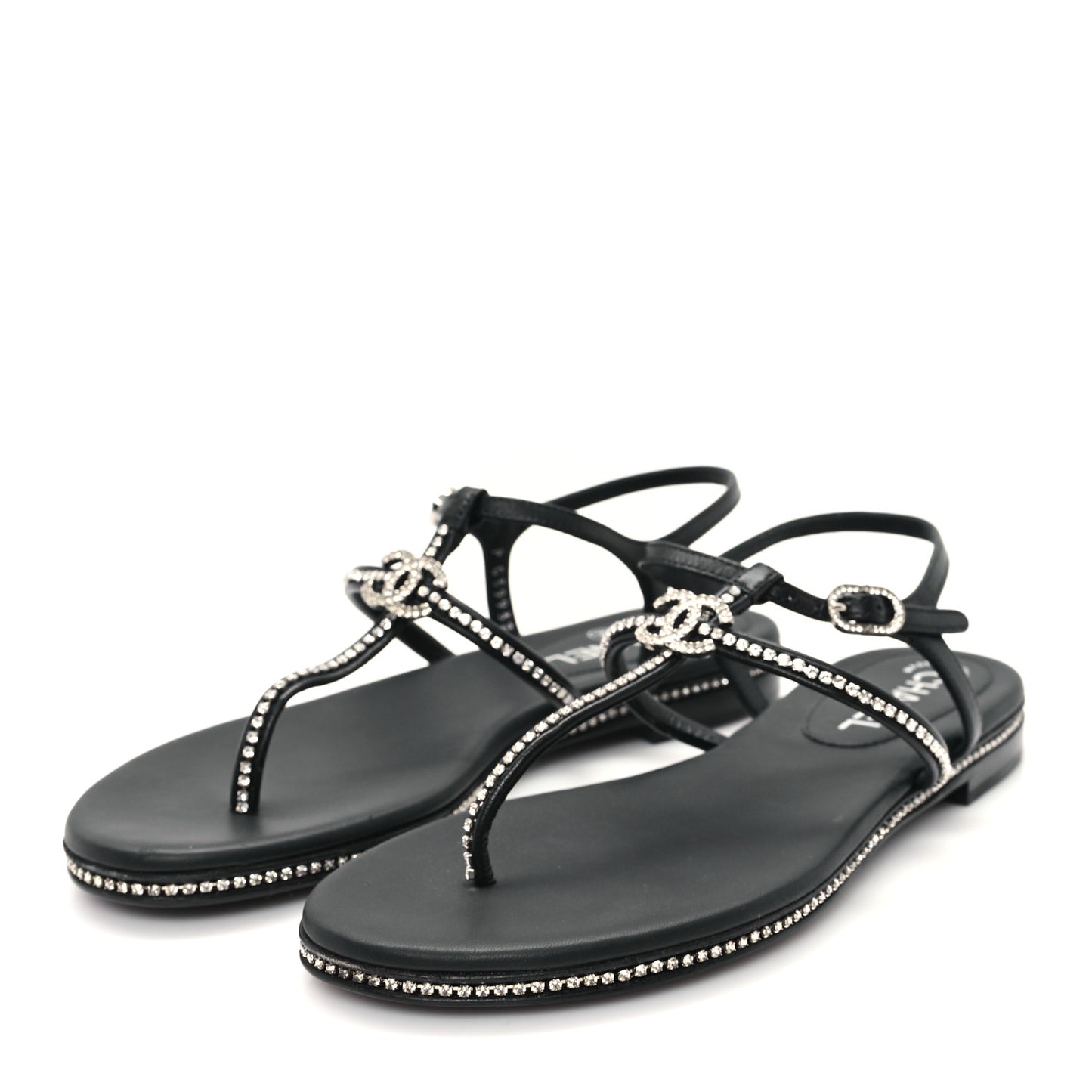 Lambskin Strass CC Thong Sandals 36.5 Black