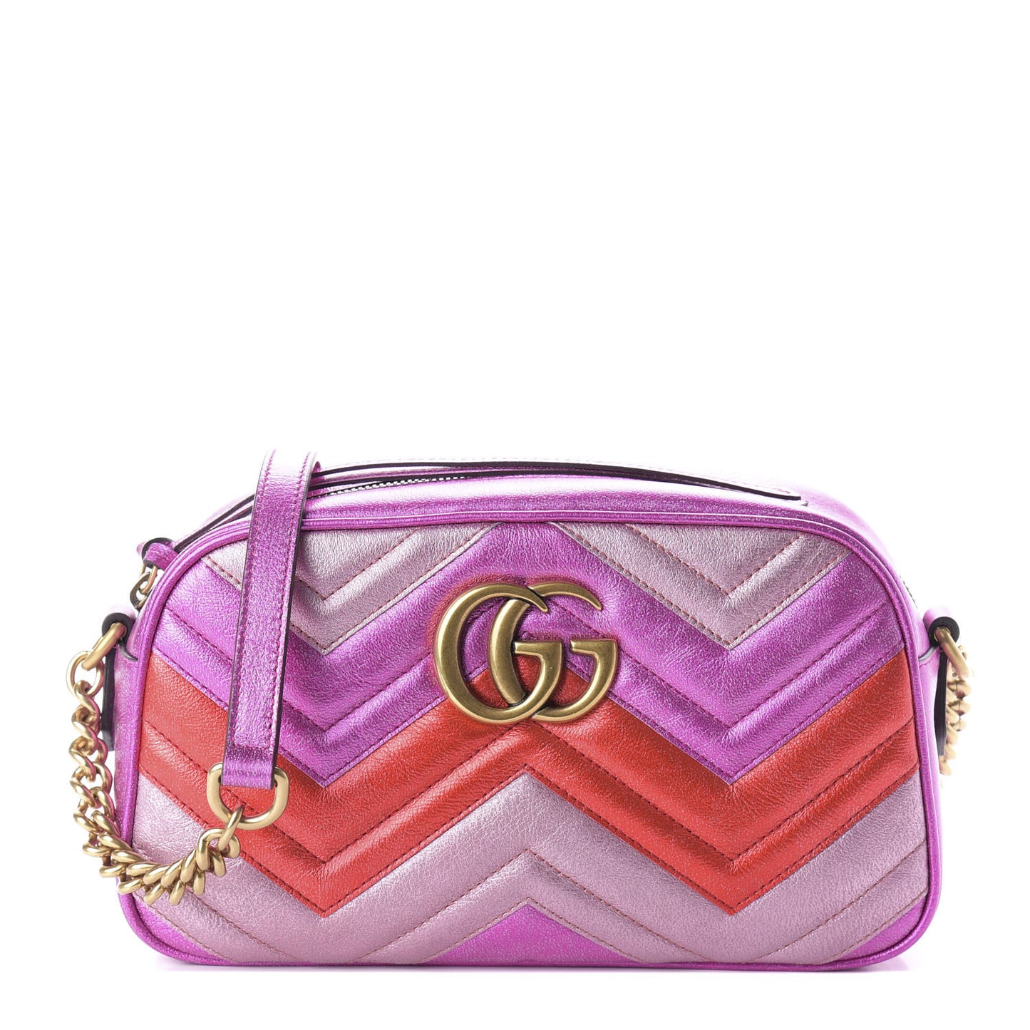 Laminated Nappa Matelasse Small GG Marmont Chain Shoulder Bag Fuxia Rosso Rosa