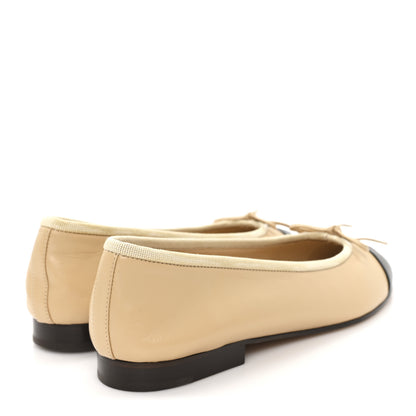 Chanel Lambskin Cap Toe CC Ballerina Flats 37.5 Beige Black 5 of 11