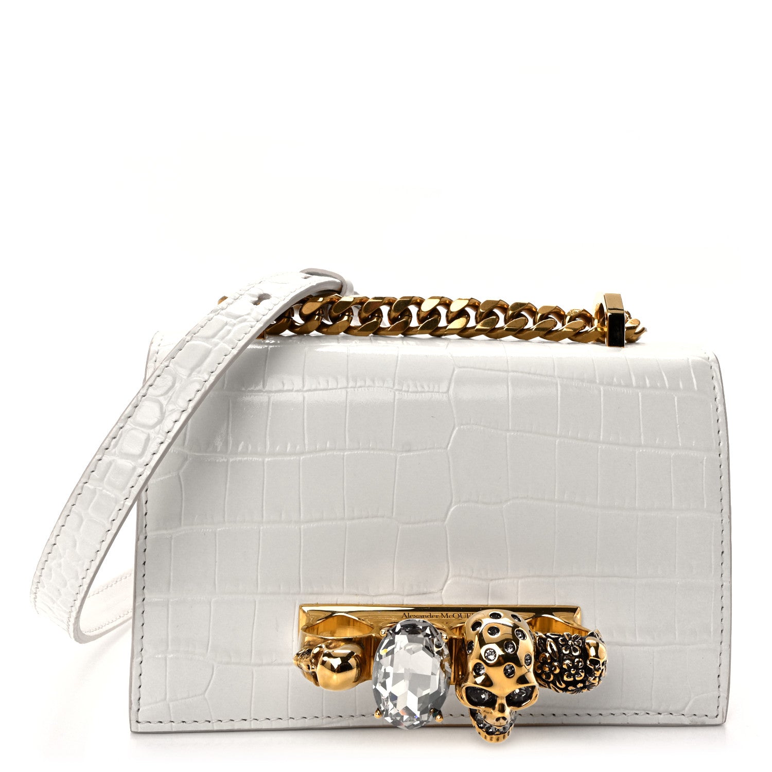 Alexander McQueen Calfskin Crocodile Embossed Mini Jeweled Satchel Deep Ivory 1 of 10