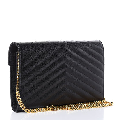 Saint Laurent Grain De Poudre Matelasse Chevron Monogram Chain Wallet Black 3 of 9