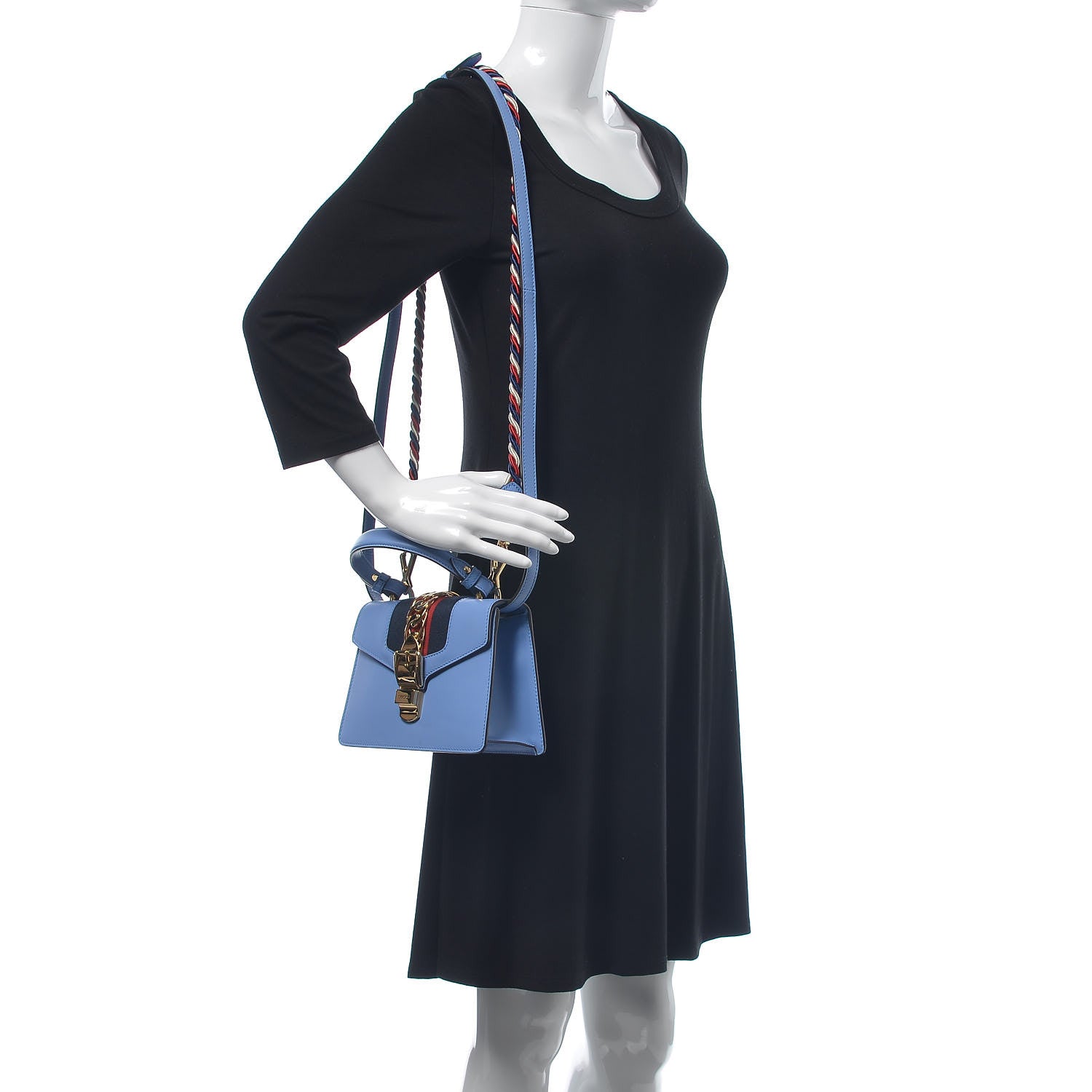 Gucci Vitello Fontanella Web Mini Sylvie Top Handle Bag Clear Sky Blue 2 of 9