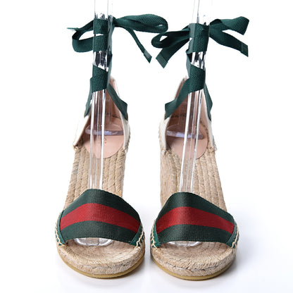 Gucci Canvas Malaga Kid Web Ankle Wrap Espadrille Wedge Sandals 35.5 Green Red Mystic White Emerald 2 of 12