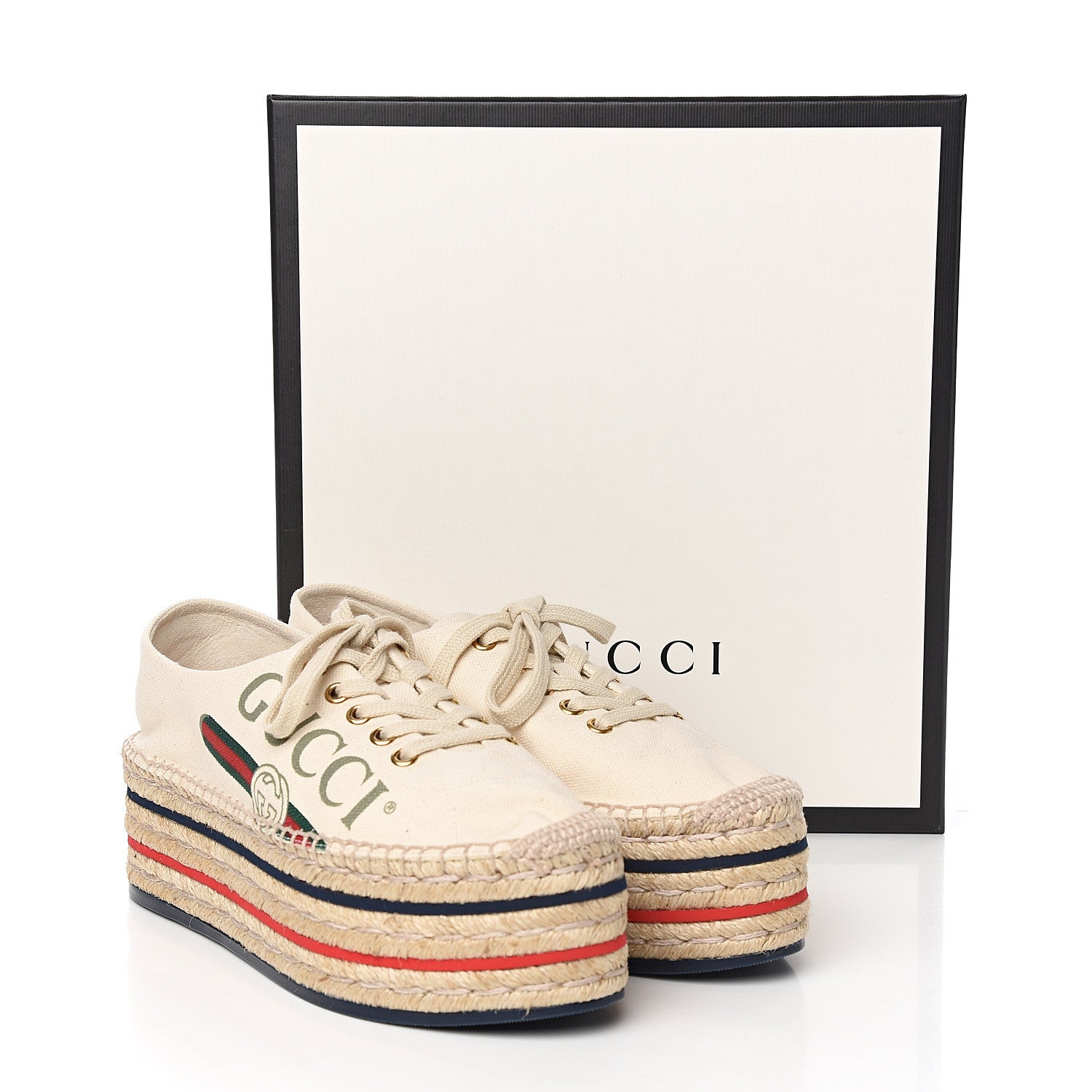Gucci Canvas Logo Lace-Up Platform Espadrilles 37 Greggio Grege 9 of 9