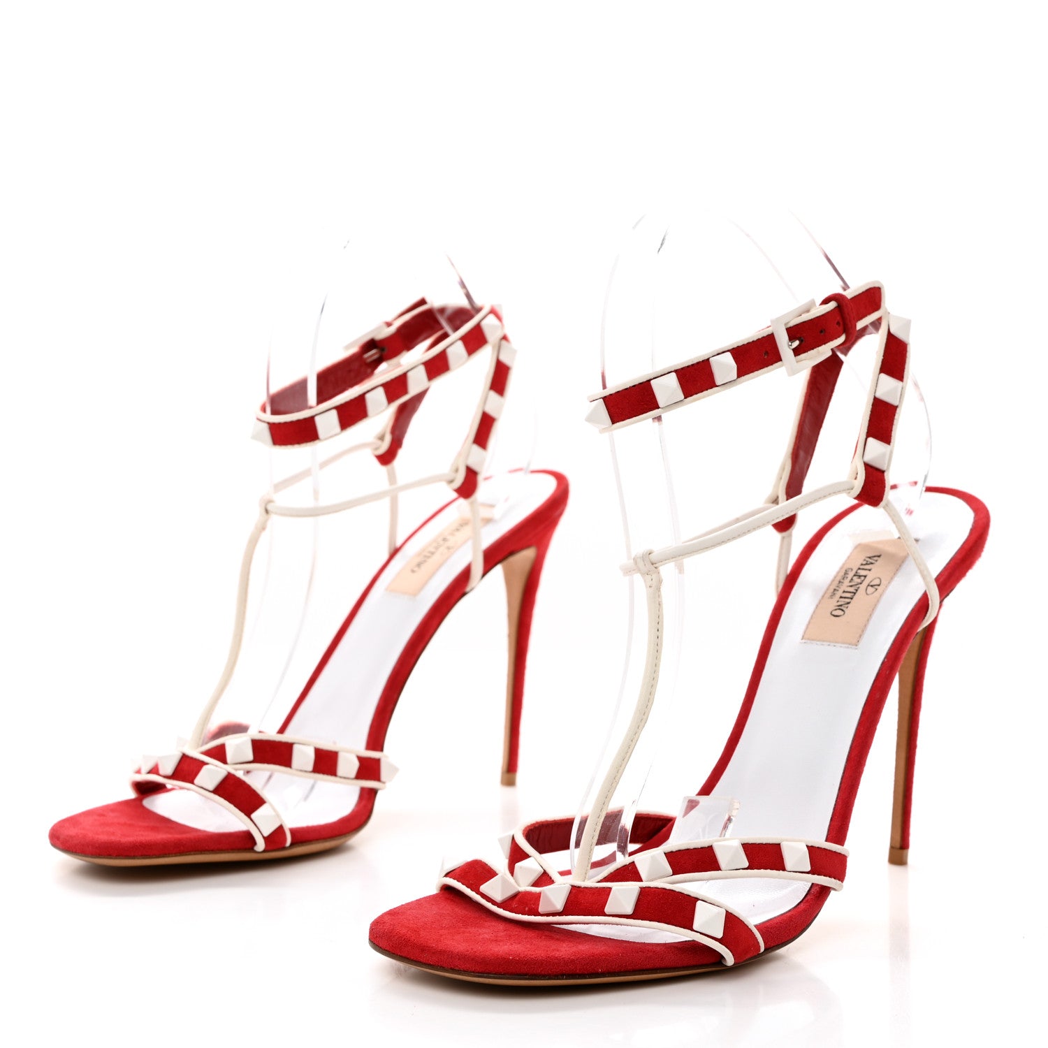 Valentino Garavani Suede Free Rockstud Ankle T-Strap 105mm Sandals 40 Rosso Valentino White 3 of 8
