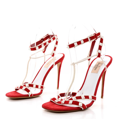 Valentino Garavani Suede Free Rockstud Ankle T-Strap 105mm Sandals 40 Rosso Valentino White 3 of 8